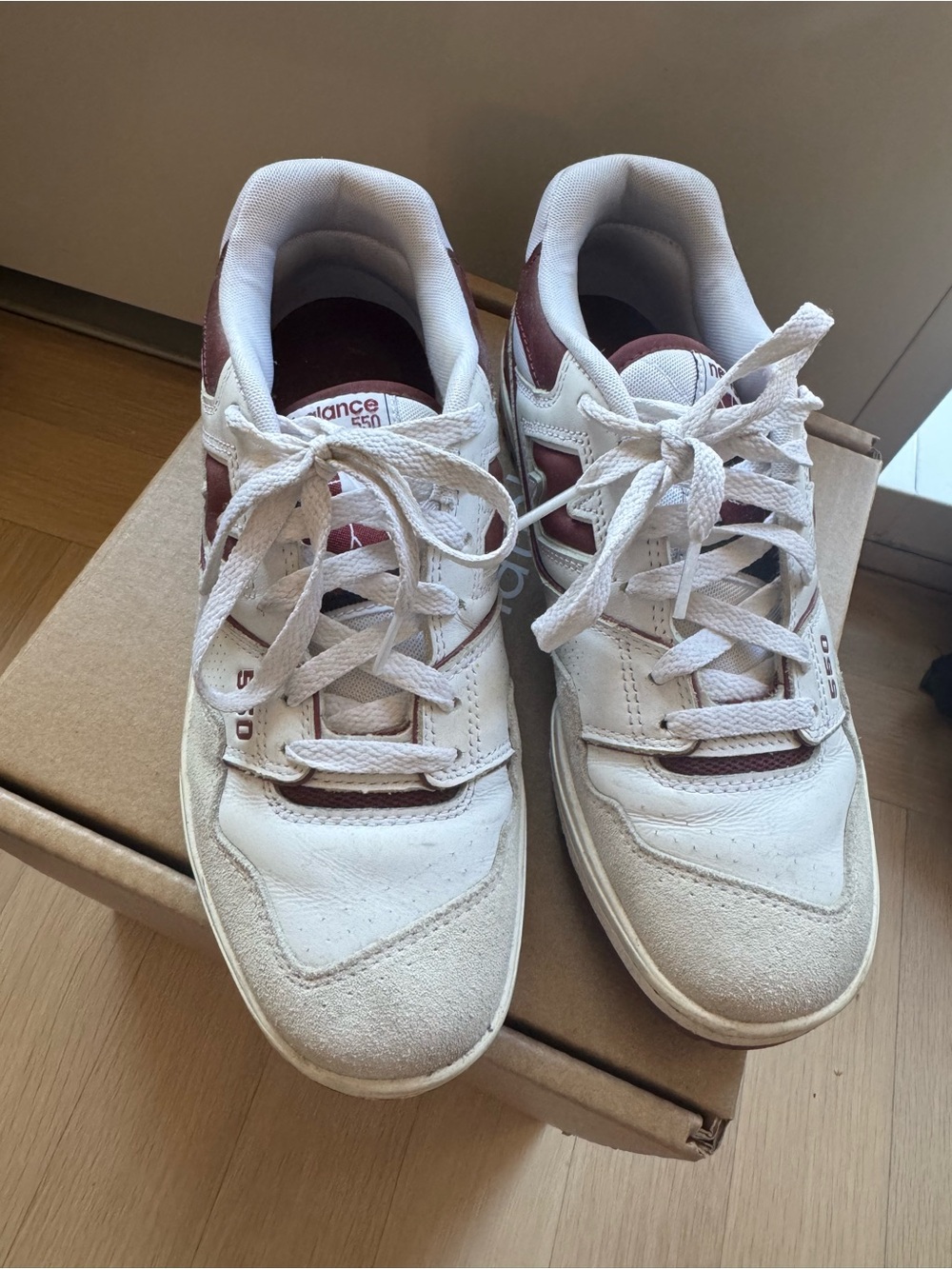 New Balance White and Burgundy Retro 550 Sneakers